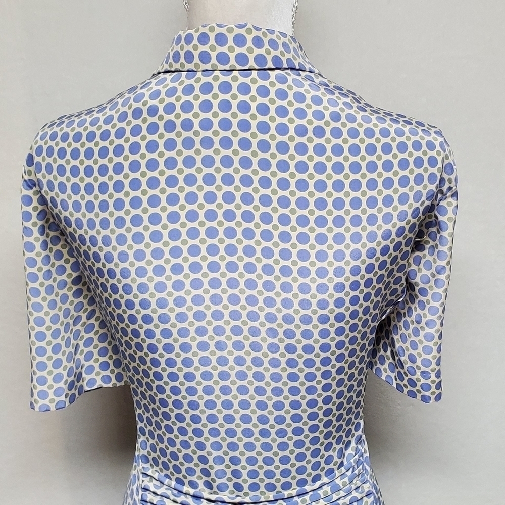 VINTAGE 1980s Leslie Fay Cornflower Blue Green Polka Dot Strappy Back Maxi Dress - Picture 11 of 14